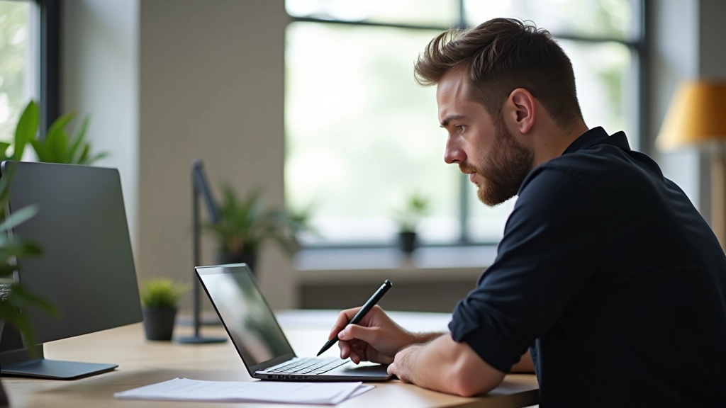 Designer werkt aan laptop met grafische tablet, design tools zichtbaar, moderne studio met natuurlijk licht
