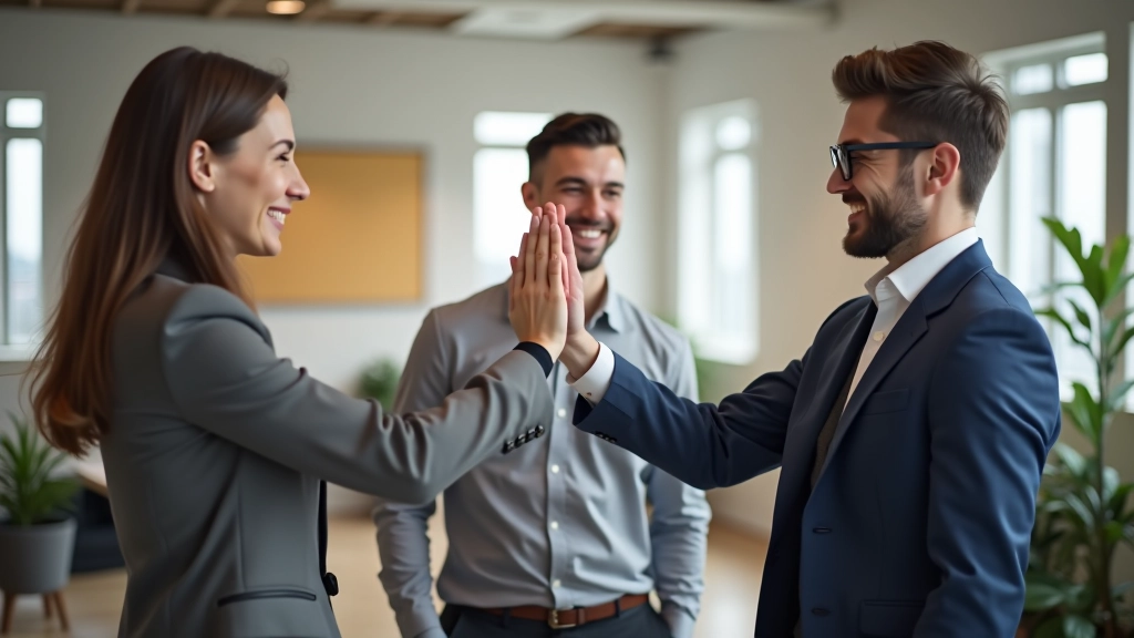 Vrolijke team membri's geven elkaar high five in kantoor, teamgeest en succes