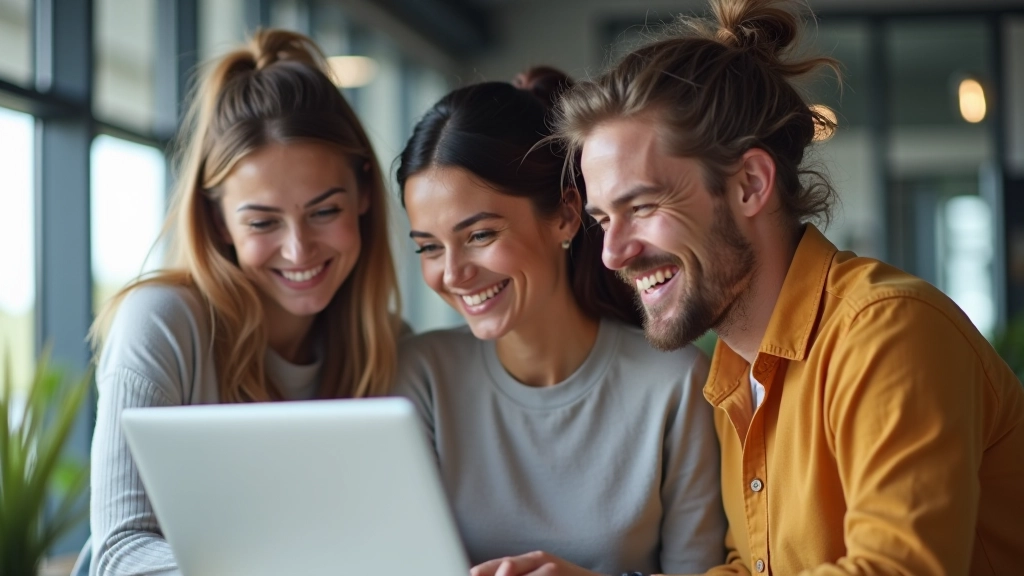 Diverse groep mensen kijkt samen naar laptop scherm met social media content