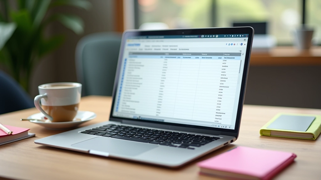 Laptop met Google Sheets geopend, notitieboeken en koffie op bureau
