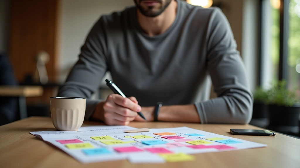 Persoon maakt inhoud plan op papier met kleuren en notities