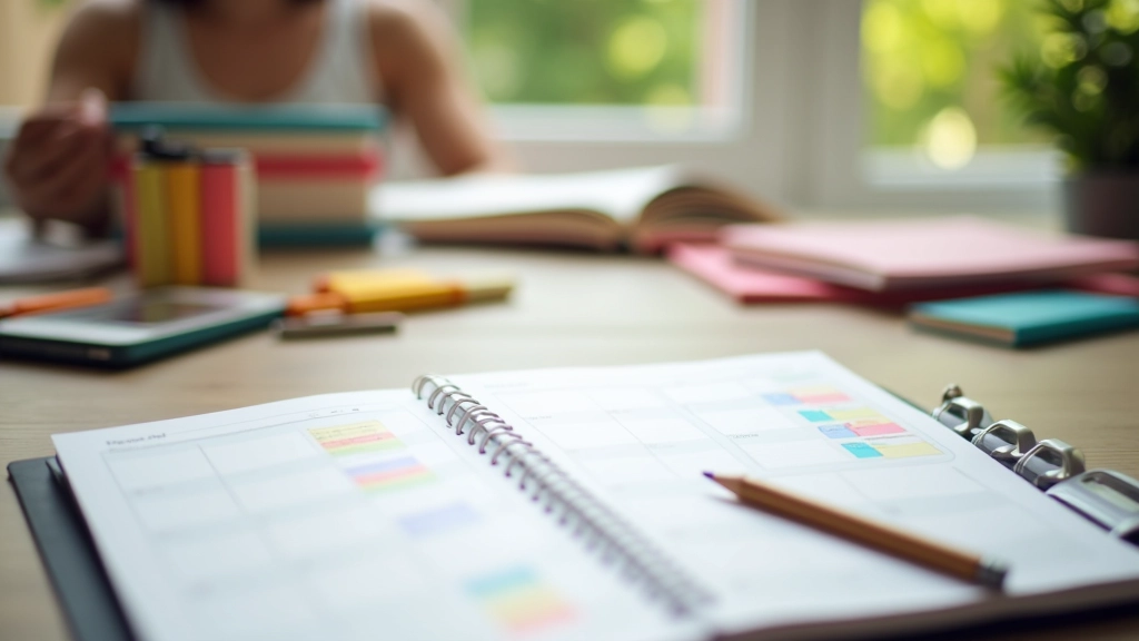 Bureau met notitieboeken en kleurrijke markeerstiften voor planning