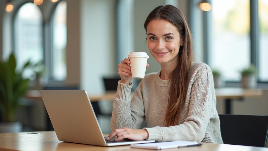 Jonge vrouw zit aan houten bureau met laptop, notitieboek en koffie, zonlicht van raam