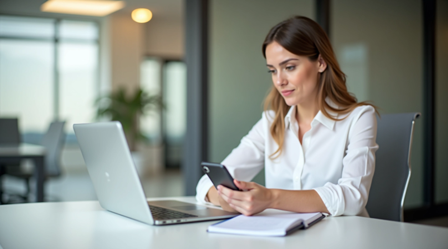 Persoon die sociale media strategie plant aan bureau met notitieblok en smartphone