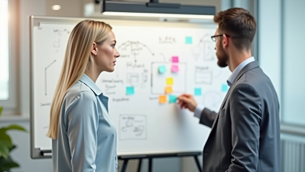 Twee collega's bespreken strategie bij whiteboard vol sticky notes en grafieken, creatief kantoor